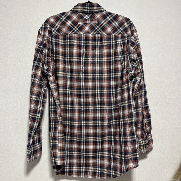 Duluth Trading Company Men’s M Button Down Shirt Relaxed Fit Plaid Brown Blue - Picture 3 of 3